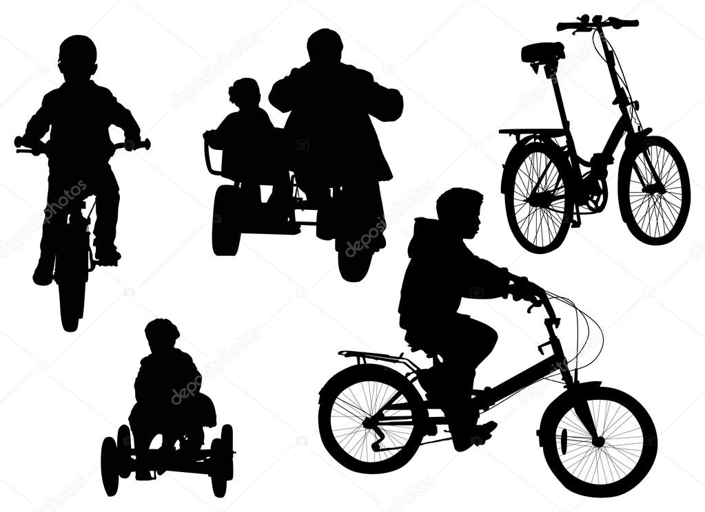 set of bicyclists isolated on white background