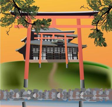 Pagoda ve çam dalları