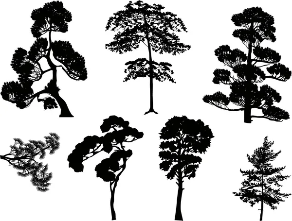 Conjunto de siete árboles negros en blanco — Archivo Imágenes Vectoriales