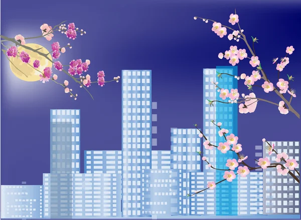 Mavi bahar City pembe çiçekler — Stok Vektör