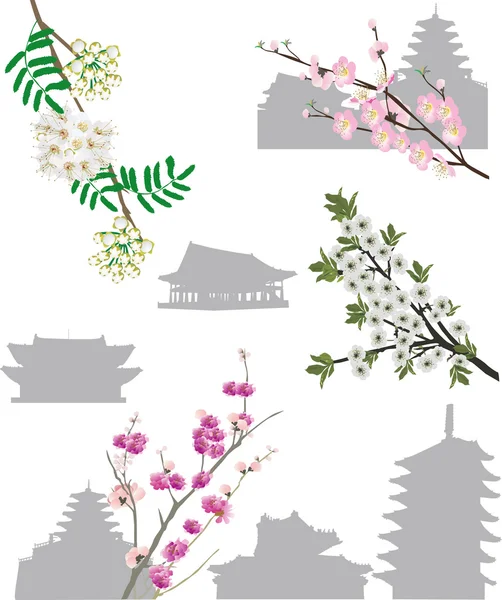 Ensemble de silhouettes de pagodes et de branches florales printanières — Image vectorielle