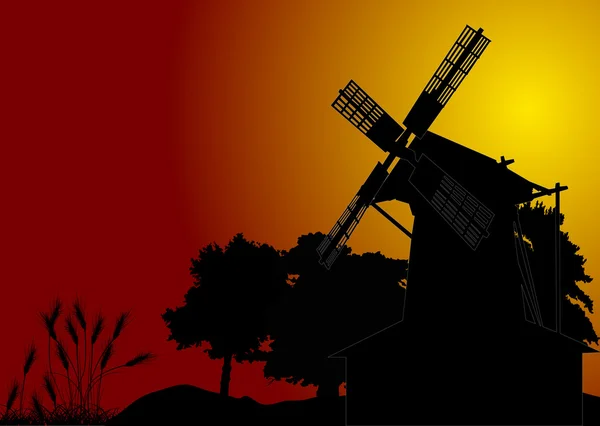 Silhouettes de blé près du moulin à vent au coucher du soleil — Image vectorielle