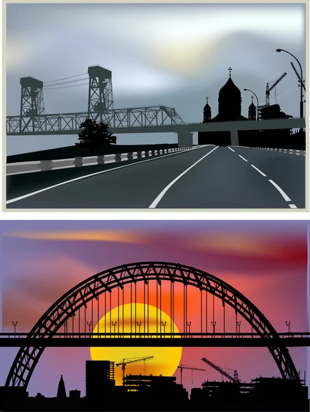 Twee composities met bruggen in moderne steden — Stockvector