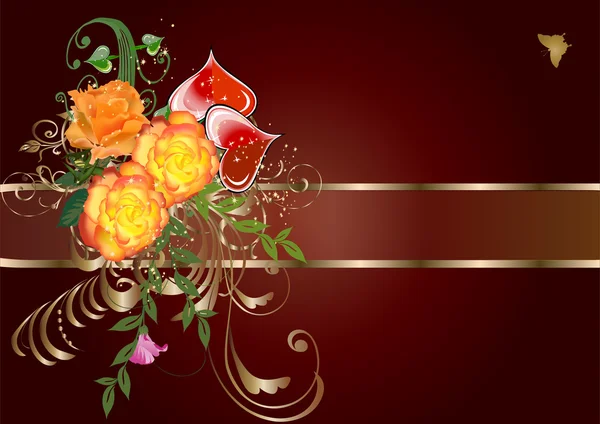 Помаранчеві троянди і червоні серця на коричневому фоні — стоковий вектор