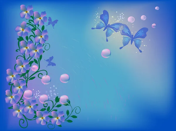 Blauwe en roze bloemen illustratie met vlinders — Stockvector