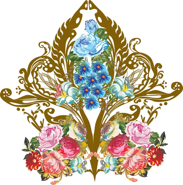 Elemento ornamentale con rose rosse e fiori blu — Vettoriale Stock