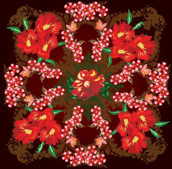 Mörk brun square mönster med röda blommor — Stock vektor