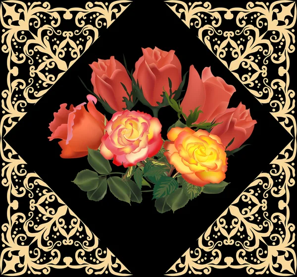 橙色玫瑰束金色方形框架中 — 图库矢量图片