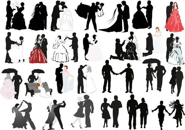 Aislado boda parejas siluetas conjunto — Vector de stock