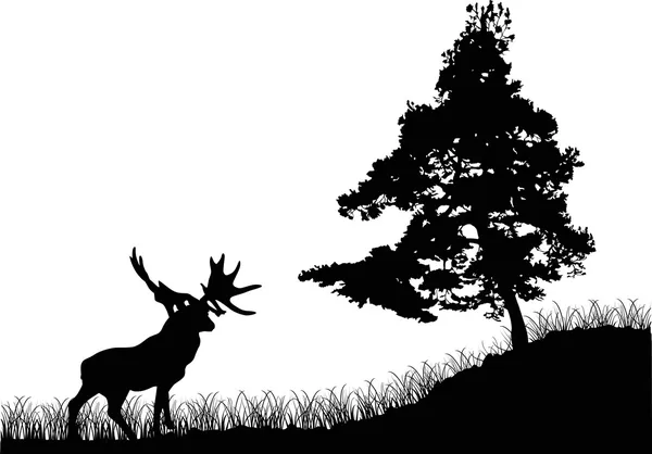 Pine tree en herten silhouetten — Stockvector