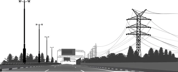 Grijze landschap met elektrische lijn in de buurt road — Stockvector