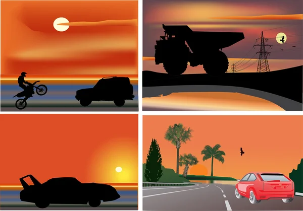Vier Kompositionen mit Autos bei Sonnenuntergang — Stockvektor