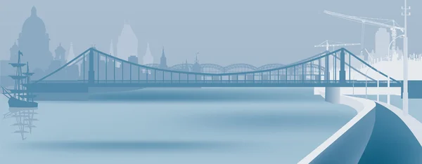 Paisaje azul con río en gran ciudad — Vector de stock