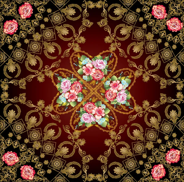 Rot und Gold Rose florale quadratische Dekoration — Stockvektor