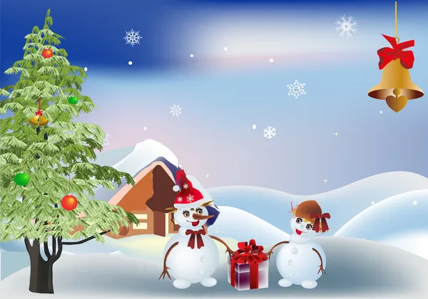 Due pupazzi di neve, albero di Natale e campana — Vettoriale Stock