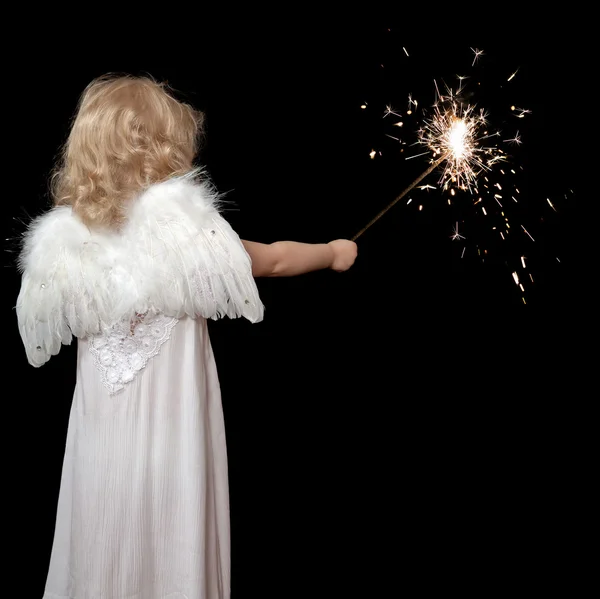 Small girl in angel costume with magic wand — Stock Photo, Image