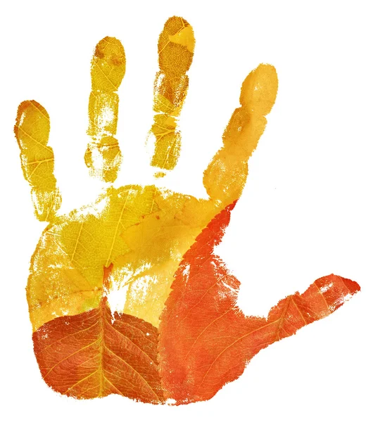 Hand imprint on fall leaf background — Stock Photo, Image