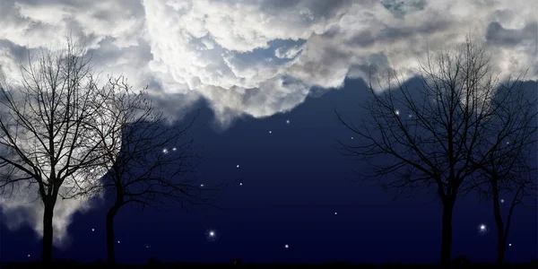 Bare trees under dark sky with clouds and moon — Stock Photo, Image