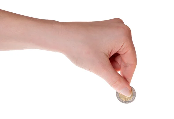 Menschliche Hand hält Euromünze — Stockfoto
