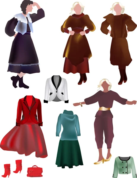 Illustrationen med kvinnor och olika klänningar — Stock vektor