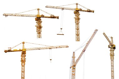 five hoisting cranes isolate on white