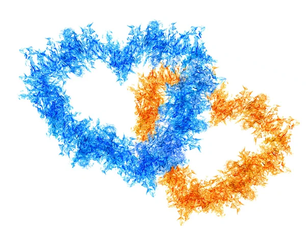 Chama forma de coração laranja e azul isolado no branco — Fotografia de Stock