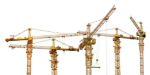group of five hoisting cranes on white