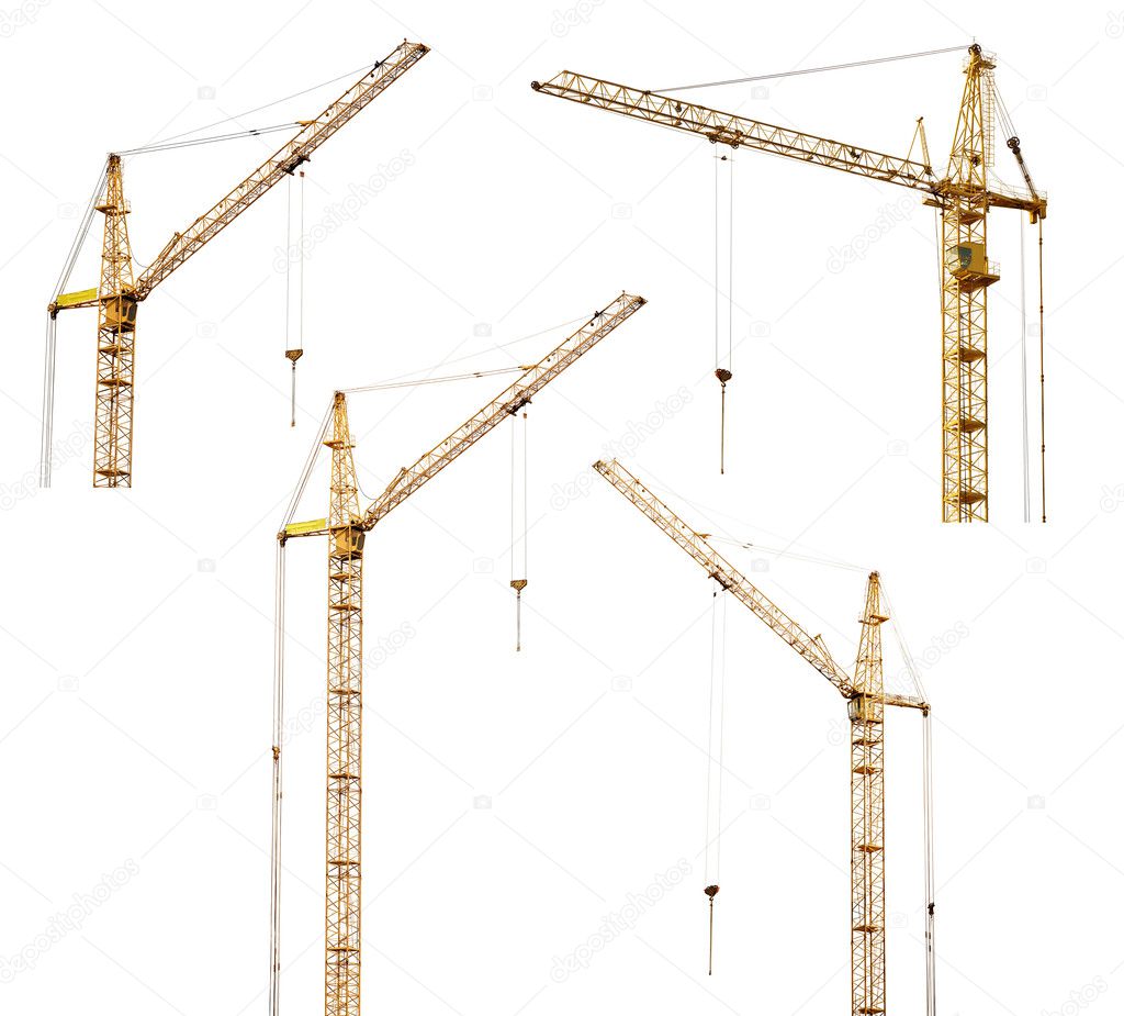 set of four yellow hoisting cranes isolate on white