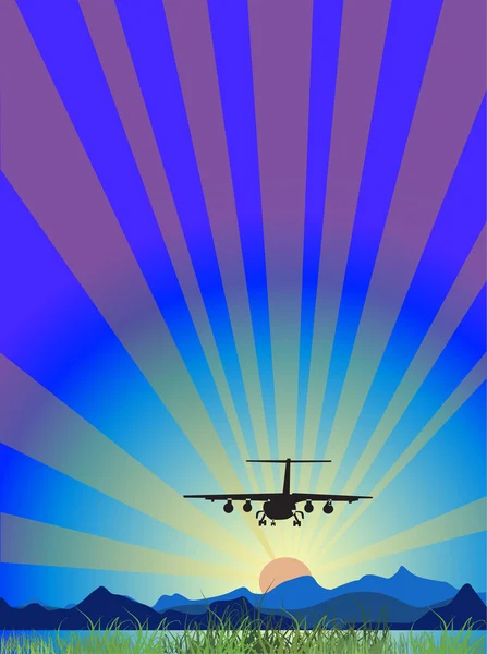Letadlo letí blízko hory při západu slunce — Stockový vektor