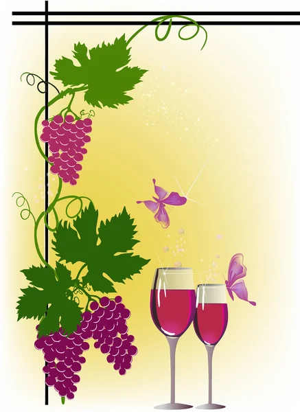 Red wine and grapes on yellow background — Stock Vector