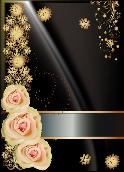 Trois roses claires sur fond noir décoré — Image vectorielle