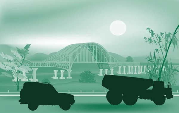 Ilustración con dos coches cerca del puente — Vector de stock