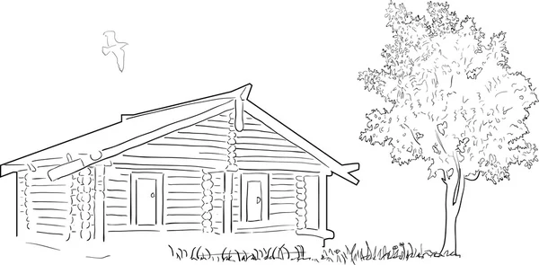 Albero vicino casa di campagna isolato su bianco — Vettoriale Stock
