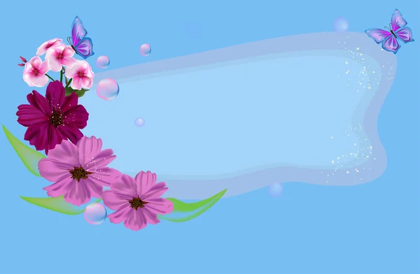 Дві метелики і рожеві квіти на синьому фоні — стоковий вектор