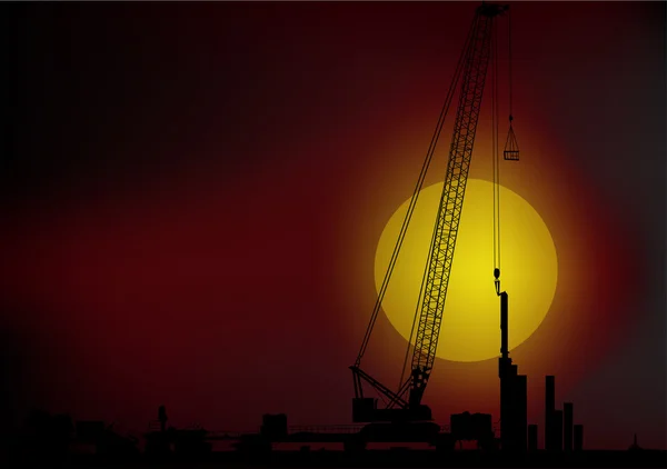 组成与动产的建筑起重机在日落时 — 图库矢量图片