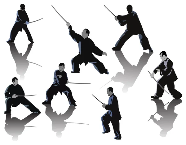 Sept hommes de kung fu avec des épées sur blanc — Image vectorielle