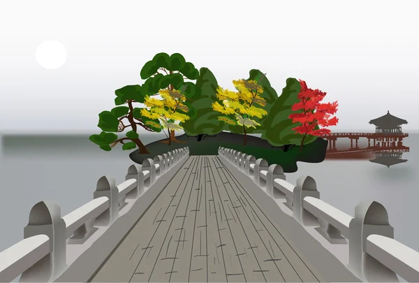 Мост в павильон на рисунке пруда — стоковый вектор