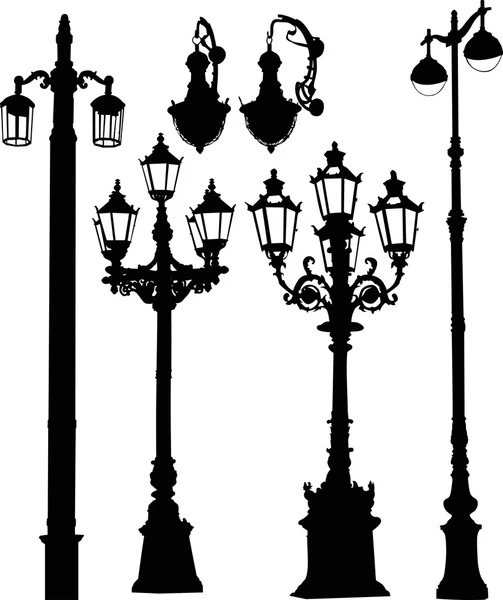 Decorated six street lamps on white — Stock Vector