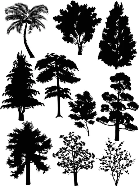 Set di dieci alberi neri su bianco — Vettoriale Stock