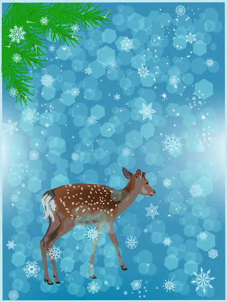 Petit cerf sous les chutes de neige bleues — Image vectorielle