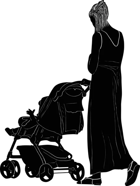 Kvinna och vagn siluett på vit — Stock vektor