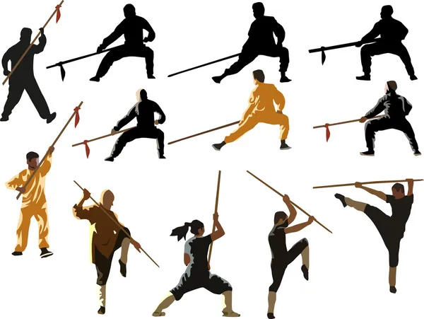 Kung fu hombres con picas en blanco — Archivo Imágenes Vectoriales