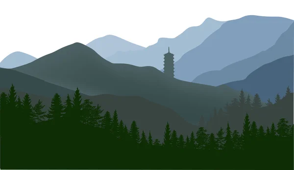 Pagoda y bosque en las montañas — Vector de stock