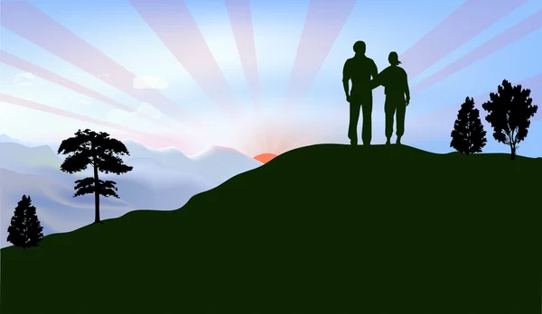 Pareja en colinas al atardecer — Vector de stock