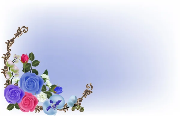 Rosen- und Orchideenblüten-Komposition auf blau — Stockvektor