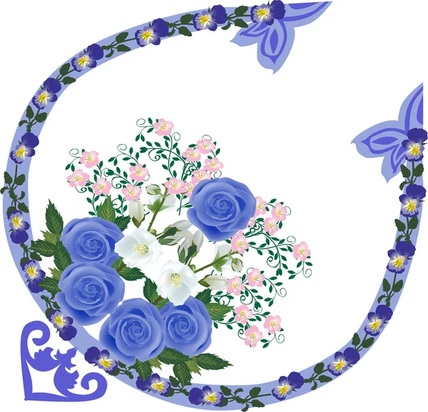 Blue rose decorated ornament corner — Stock Vector