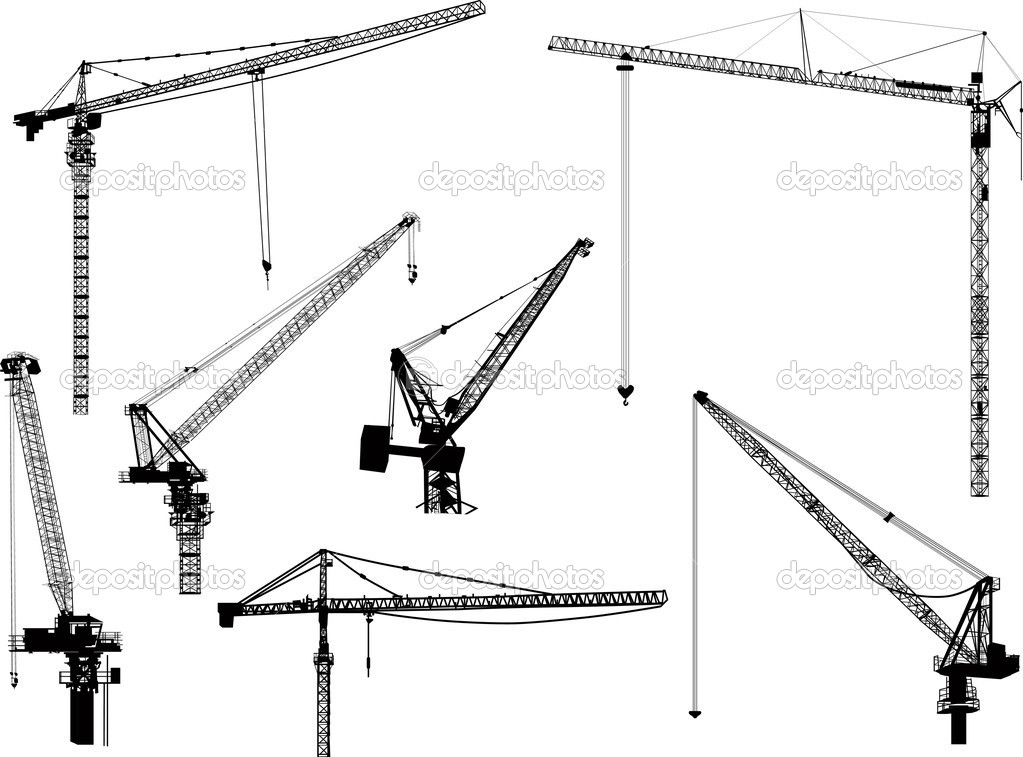 seven black building cranes isolated on white