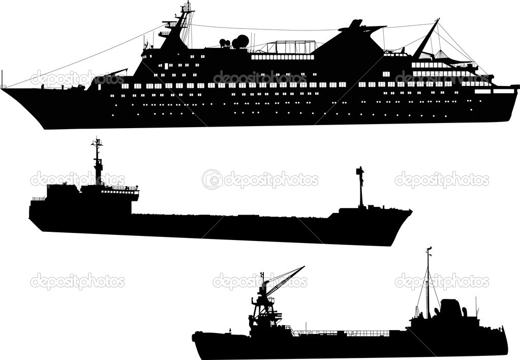 three commercial ships isolated on white