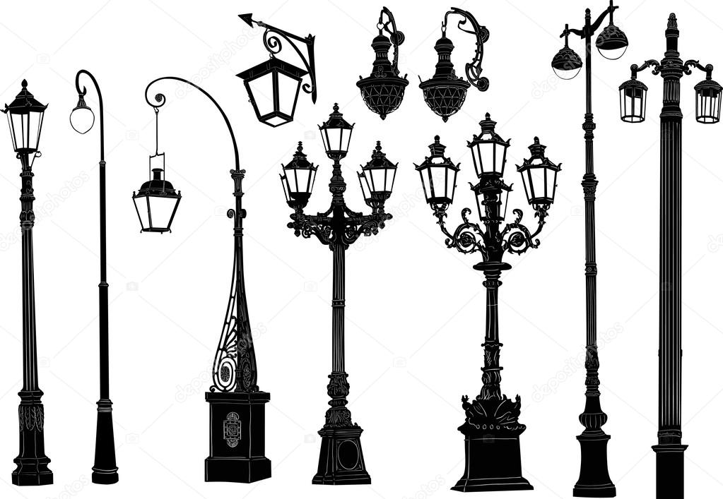 decorated ten street lamps on white