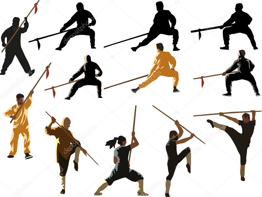 kung fu men with pikes on white